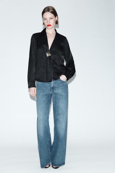 Zara FLORAL JACQUARD BROOCH SHIRT - Black