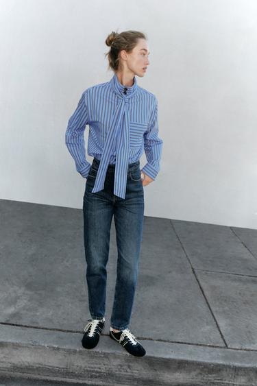 Zara STRIPED TIE-DETAIL SHIRT - Brown-Blue