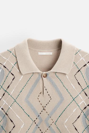 ARGYLE JACQUARD KNIT POLO SHIRT - Light beige by Zara - Image 7