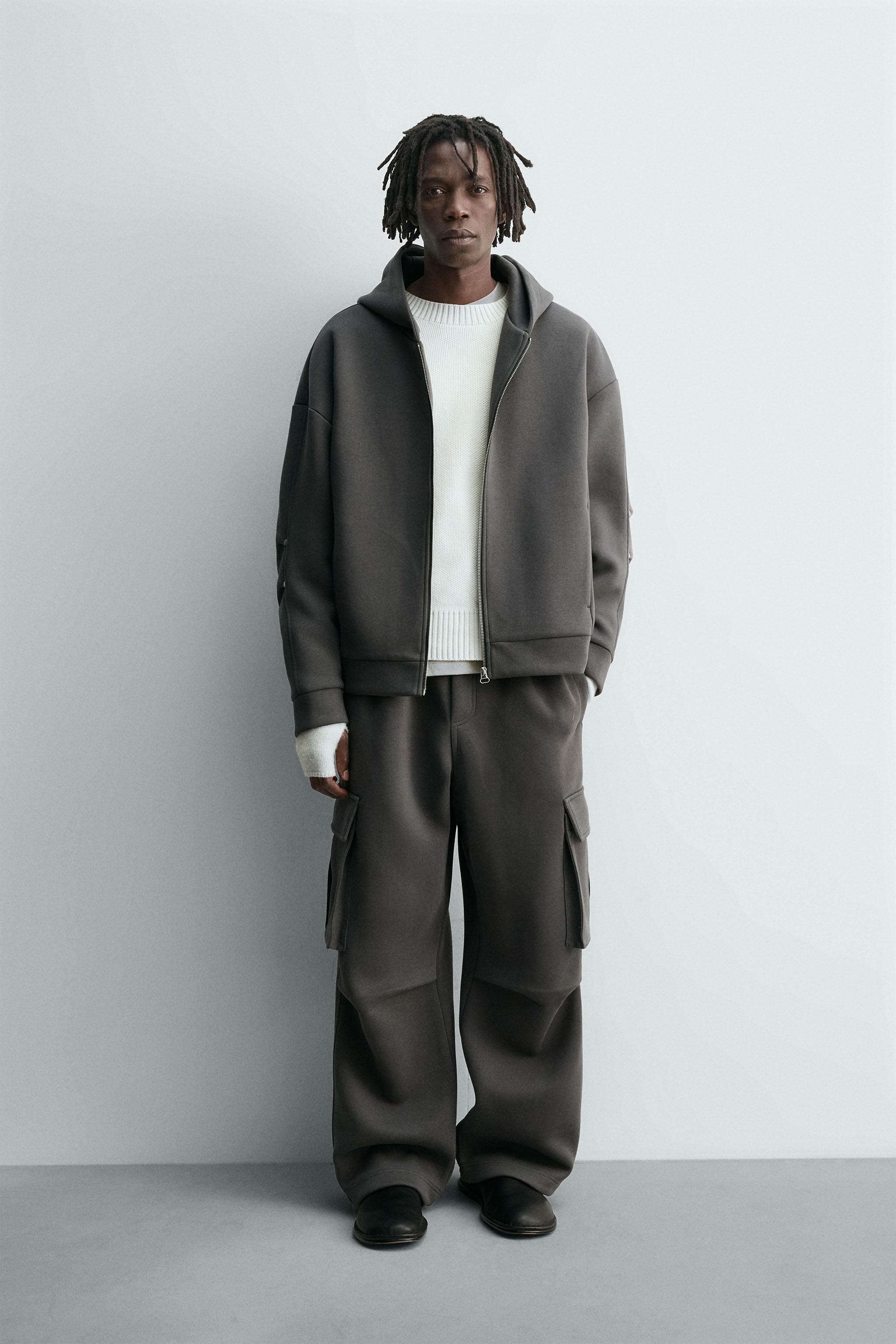 ✧ruru✧ NEOPRENE EFFECT HOODIE SWEATSHIRT WITH PLEATS - Blue / Gray