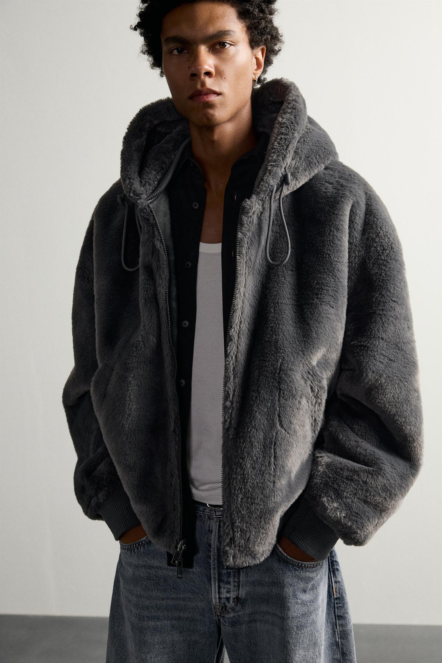 Мужская куртка Zara Reversible Faux Fur Bomber, цвет: Тёмный серый меланжевый — фото 8