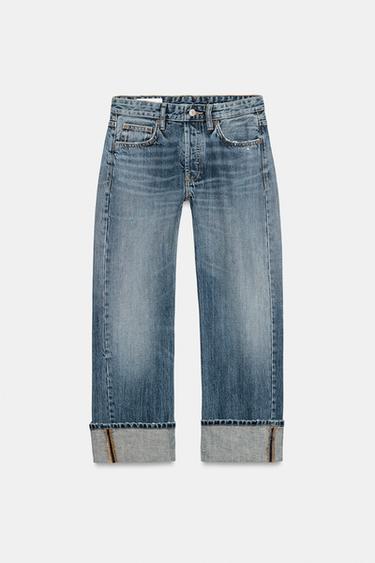 Zara TRF MID-RISE FOLD-UP STRAIGHT LEG JEANS - Blue