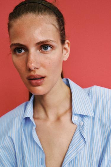 STRIPED POPLIN SHIRT WITH SHOULDER PADS - Blue/White by Zara