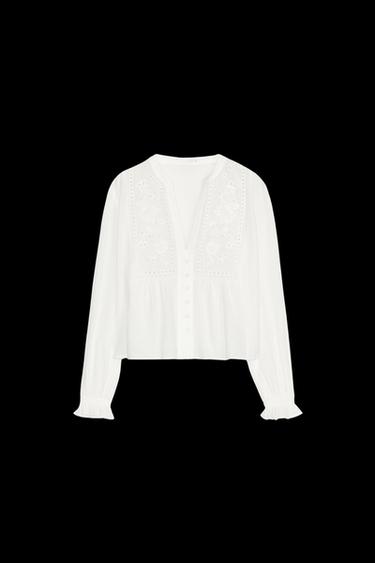 Zara SHORT EMBROIDERED EYELET BLOUSE - White - Image 0