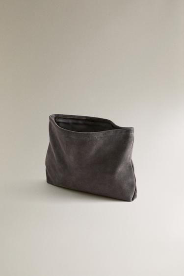 LARGE SPLIT LEATHER WASH BAG - Dark Grey by Zara
