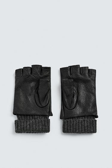 CONTRAST LEATHER MITTENS - Black by Zara - Image 2