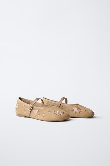 EMBROIDERED FLORAL BALLET FLATS - Sand Brown by Zara - Image 1