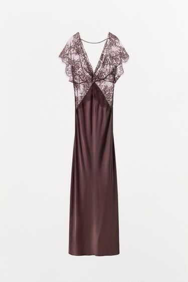 KOMBINIERTES SATIN-SPITZENKLEID - Braun von Zara