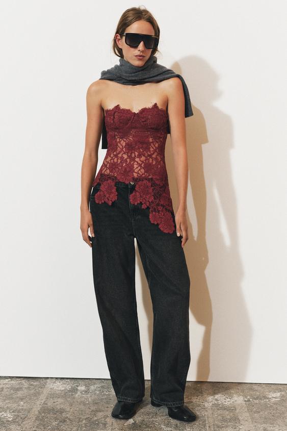 Zara FLORAL LACE CORSET ZW COLLECTION - Burgundy - Image 0