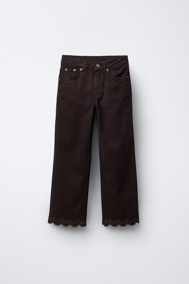 STRAIGHT-LEG DENIM TROUSERS WITH WAVY EMBROIDERY - Chocolate by Zara - Image 0