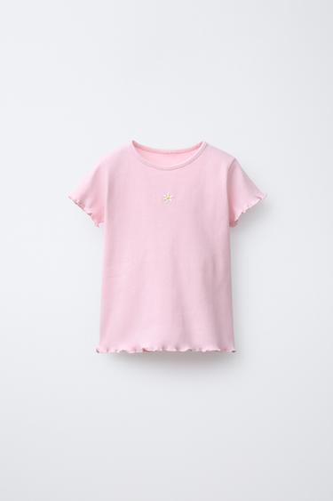 Zara EMBROIDERED RIBBED T-SHIRT - Pink