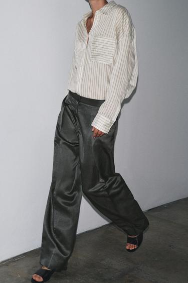 SATIN LINEN BLEND TROUSERS ZW COLLECTION - Charcoal by Zara