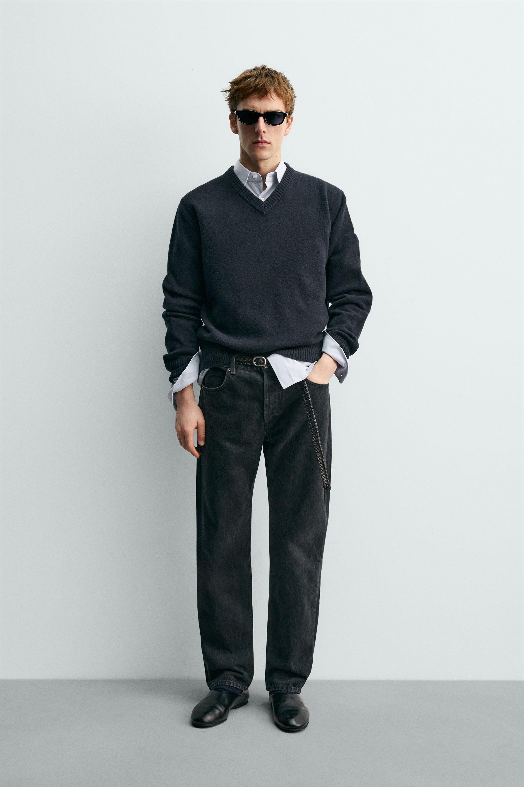 レナページ アーロン・レヴィーン x ZARA Vネックウールセーター - ネイビーブルー