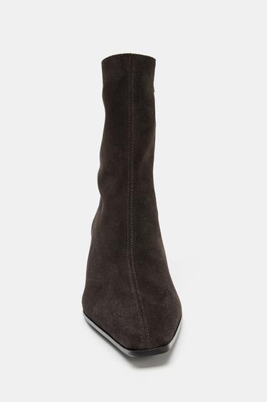 Zara SPLIT LEATHER KITTEN HEEL ANKLE BOOTS - Chocolate Brown