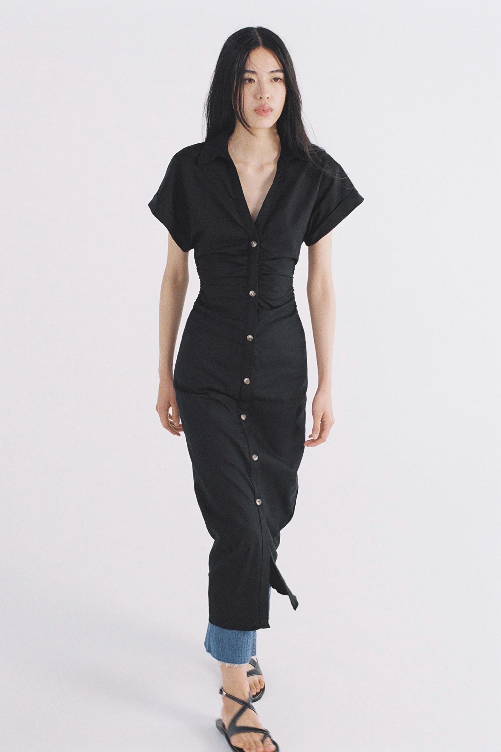 リネンブレンド ミディワンピース - ブラック | ZARA Japan / 日本
