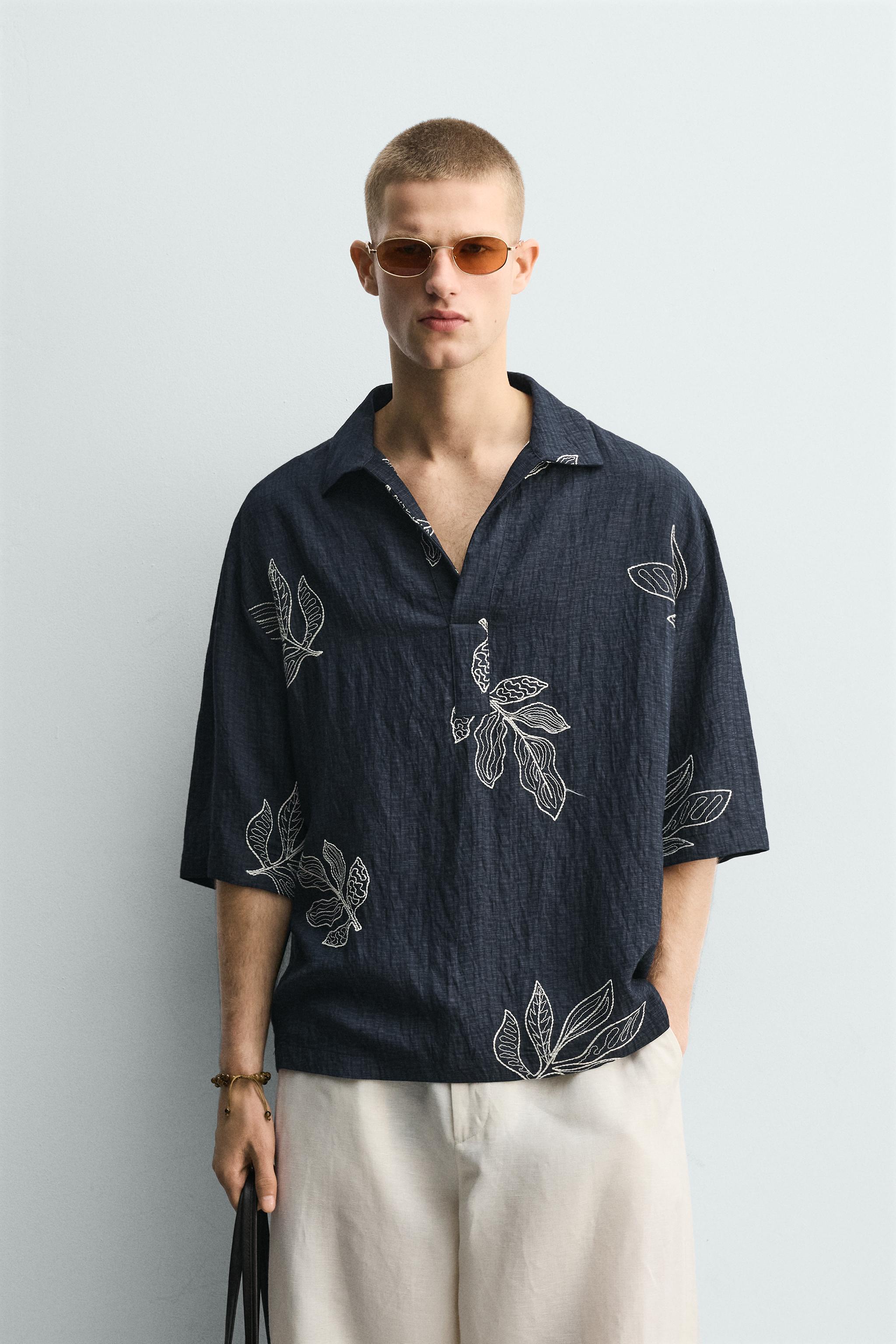 EMBROIDERED LEAF POLO SHIRT — Blue / White