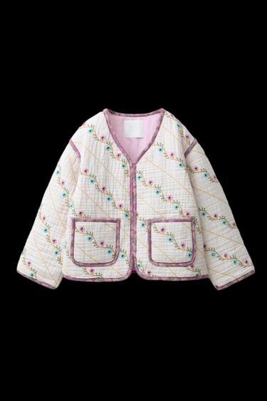 Zara EMBROIDERED FLORAL PUFFER JACKET - Ecru