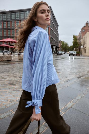 CHEMISE POPELINE AVEC LACETS - Bleu / Blanc de Zara - Image 4