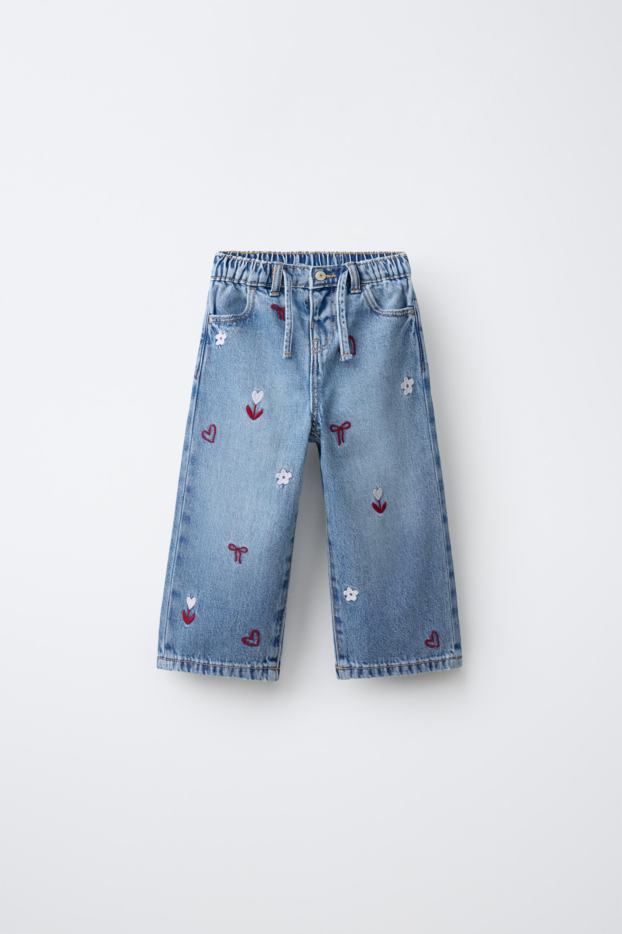 EMBROIDERED FLOWY WIDE LEG JEANS — Light blue