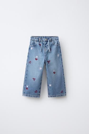 Zara 刺繡飄逸寬管牛仔褲 - 淡藍色 - 圖片 0