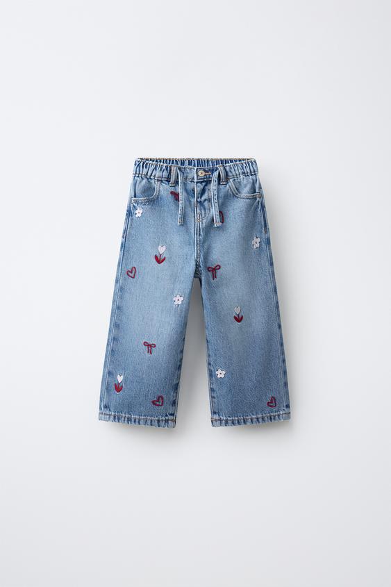 DENIM FLUIDO DE PERNA LARGA COM BORDADOS - Azul-claro da Zara - Imagem 0