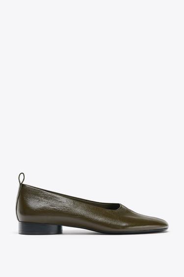 LOW-HEEL LEATHER BALLERINAS - Khaki Green by Zara - Image 0