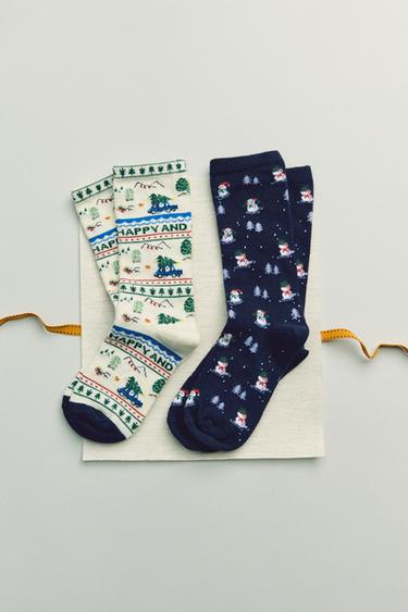 Zara TWO-PACK OF TREE AND SNOWMAN SOCKS - Maroon
