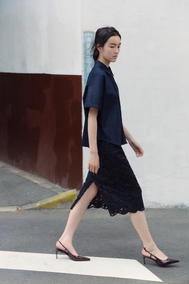 ZW COLLECTION LACE MIDI SKIRT - Navy blue by Zara