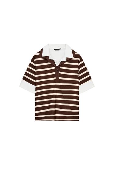 СМУГАСТИЙ ТОП-ПОЛО З КОМБІНОВАНОЇ ТКАНИНИ - Екрю/коричневий Zara