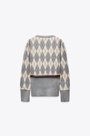 GILET EN MAILLE À LOSANGES AVEC CEINTURE - Gris / Naturel de Zara - Image 2