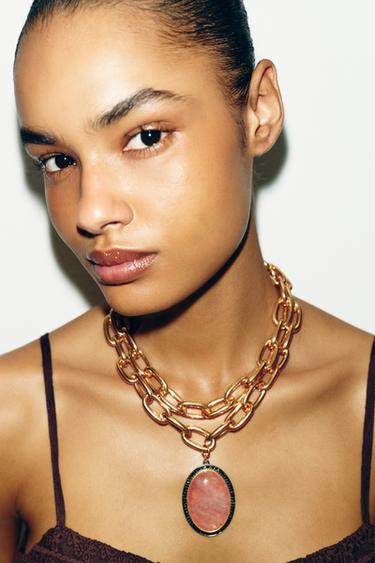 Zara PACK OF 2 MAXI LINK STONE NECKLACES - Golden - Image 0