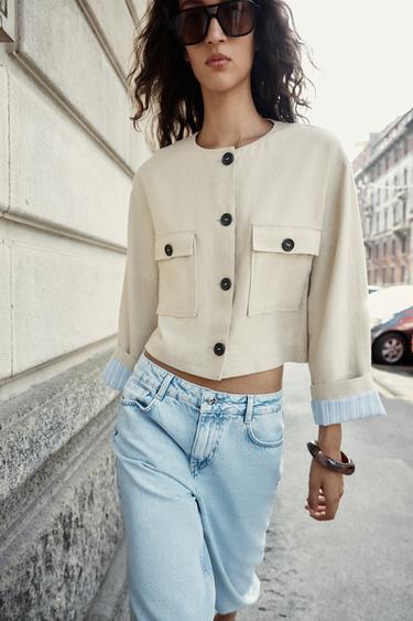 LINEN BLEND CROPPED JACKET - Light beige by Zara