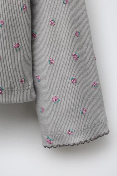 RIBBED FLORAL T-SHIRT WITH EMBROIDERED SLOGAN - Light grey by Zara - Image 3