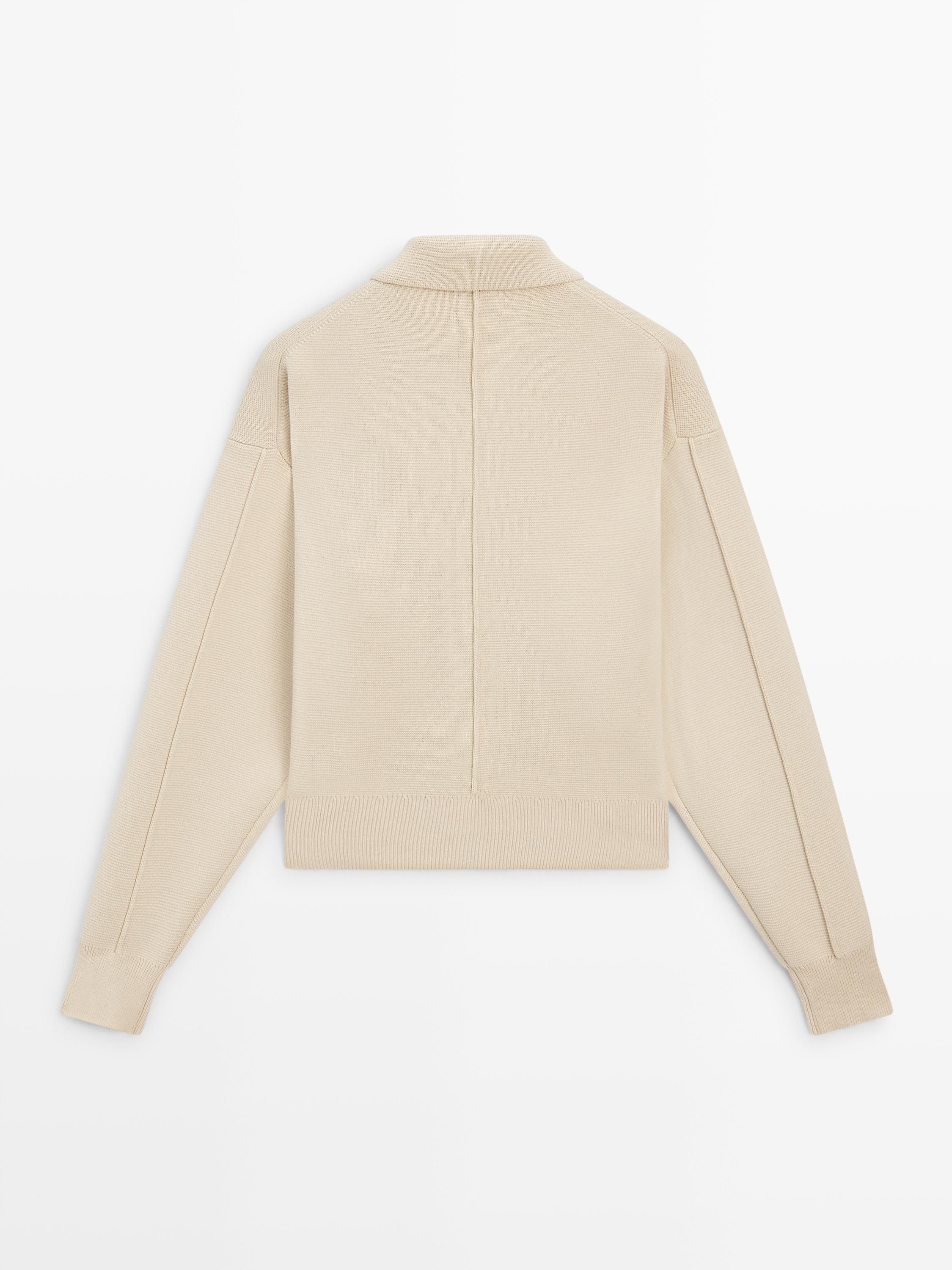 Cotton knit polo collar cardigan