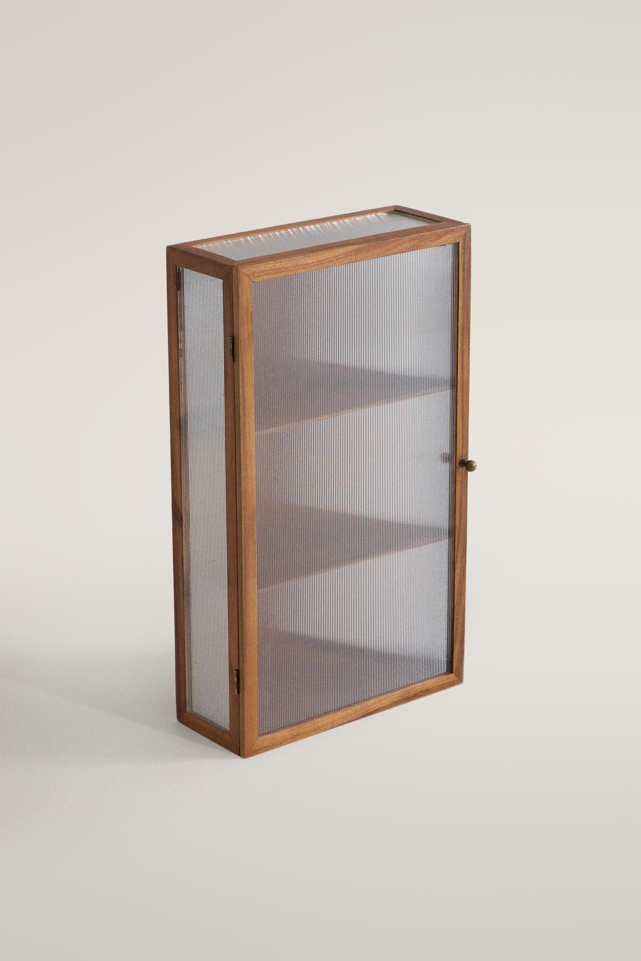 WOOD AND FLUTED GLASS WALL CABINET — Brown