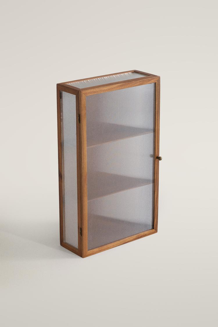 WOOD AND FLUTED GLASS WALL CABINET — Brown