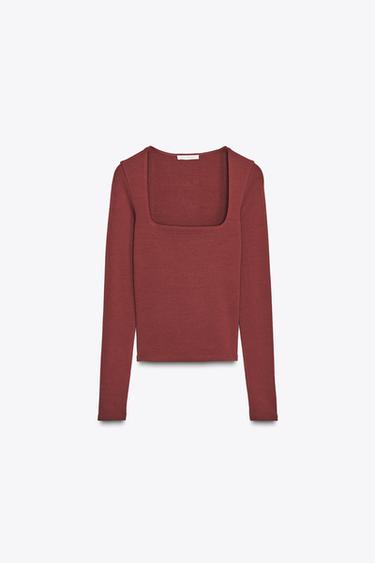 Zara RIBBED SQUARE NECK TOP - Burgundy
