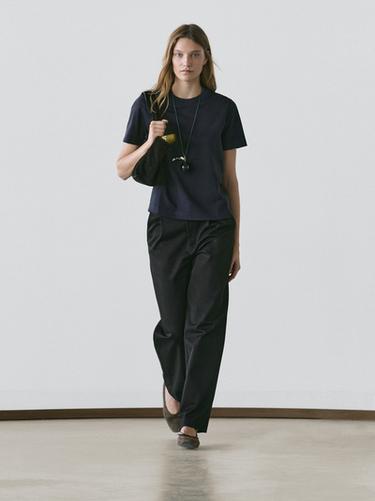 Zara 100% cotton interlock crew neck T-shirt - Navy blue - Image 0