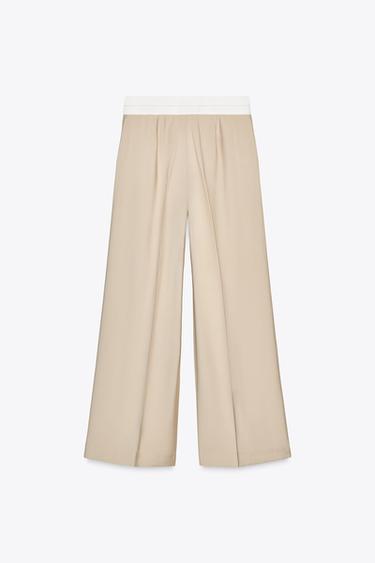 PANTALON LARGE TAILLE CONTRASTÉE - Sable / Chiné de Zara - Image 4