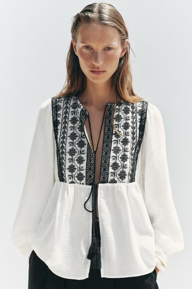 CONTRAST EMBROIDERY JACKET - Black / White by Zara - Image 2