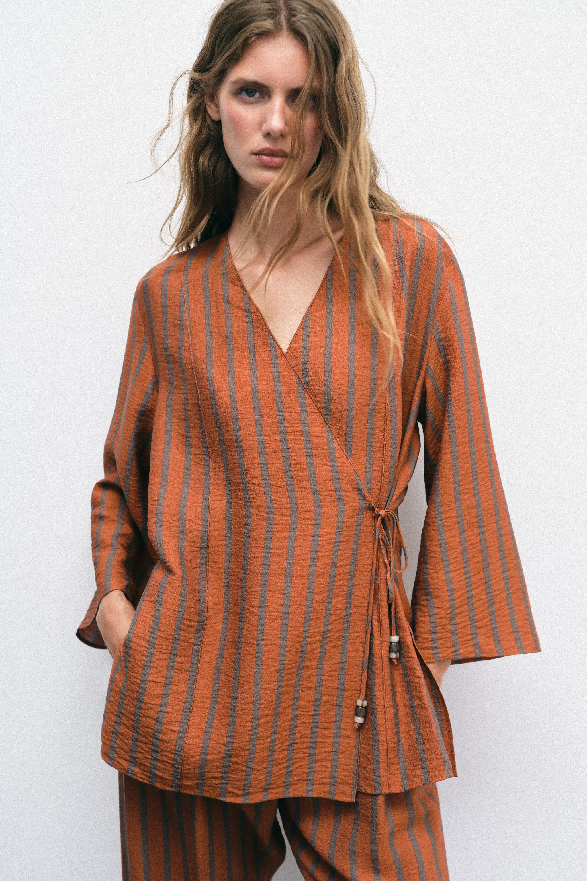 STRIPED WRAP JACKET — Burnt orange