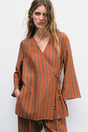 Zara STRIPED WRAP JACKET - Burnt orange