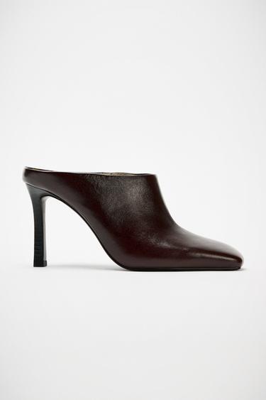 LEATHER MULES WITH SQUARE TOE - Chocolate Brown by Zara