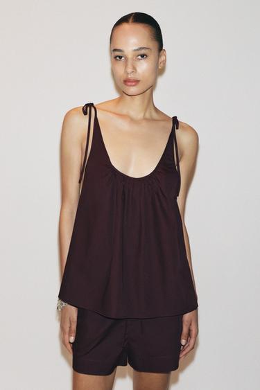 TOP EN POPELINE À NŒUDS - Bordeaux de Zara - Image 1