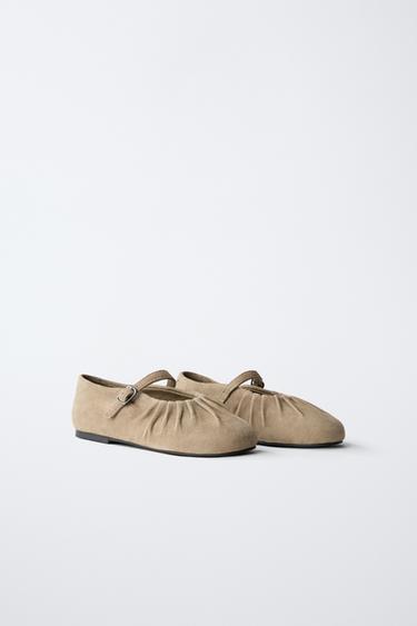 Zara LEATHER BALLET FLATS - Taupe Gray