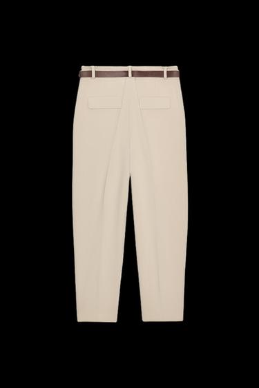 CROPPED TROUSERS WITH DARTS AND BELT - Light camel by Zara
