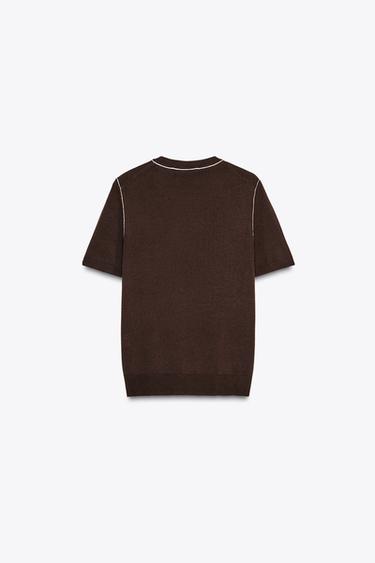 SHORT SLEEVE KNIT TOP WITH PIPING - Brown by Zara