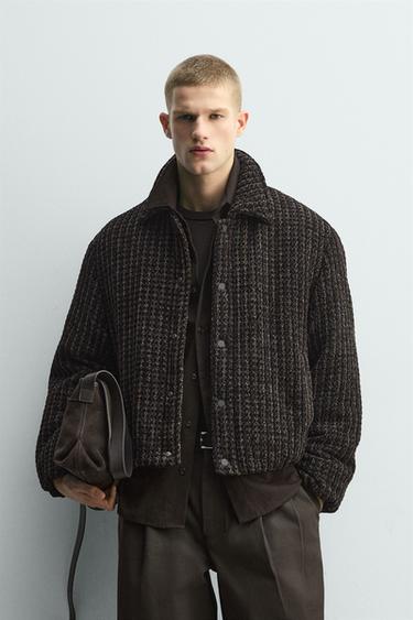 Zara VELOUR PLAID TEXTURED JACKET - Black / Brown