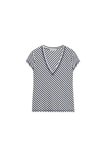 STRIPED LINEN BLEND T-SHIRT - Ecru / Navy by Zara