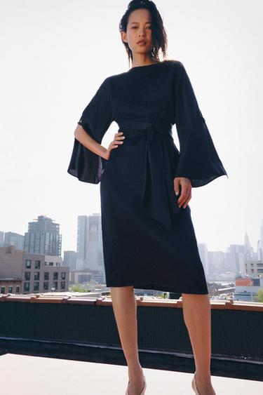 MIDI DRESS WITH LINEN BELT ZW COLLECTION - Blue by Zara